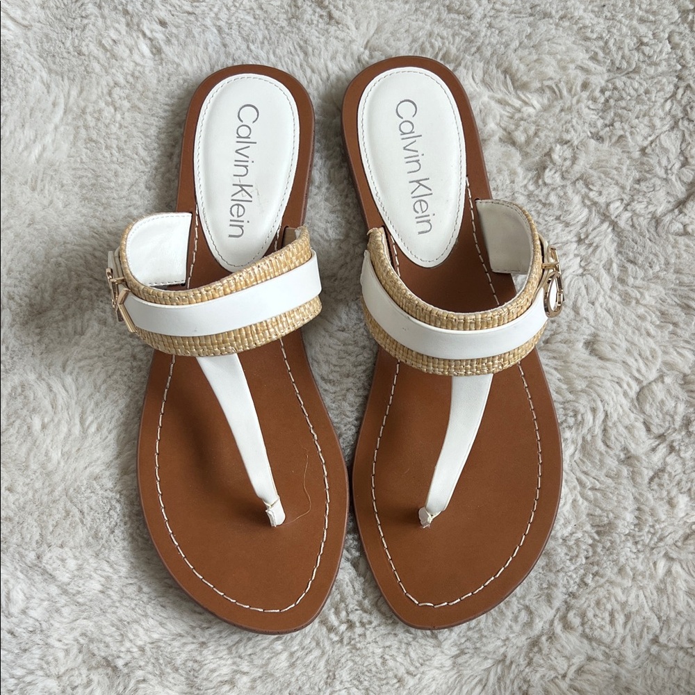 Calvin Klein White and Brown Thong Slide Sandals with Woven Detail